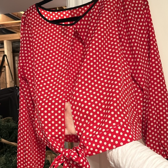 F&M collection red polka dot top with black trim and open slit back with tie - Picture 6 of 8